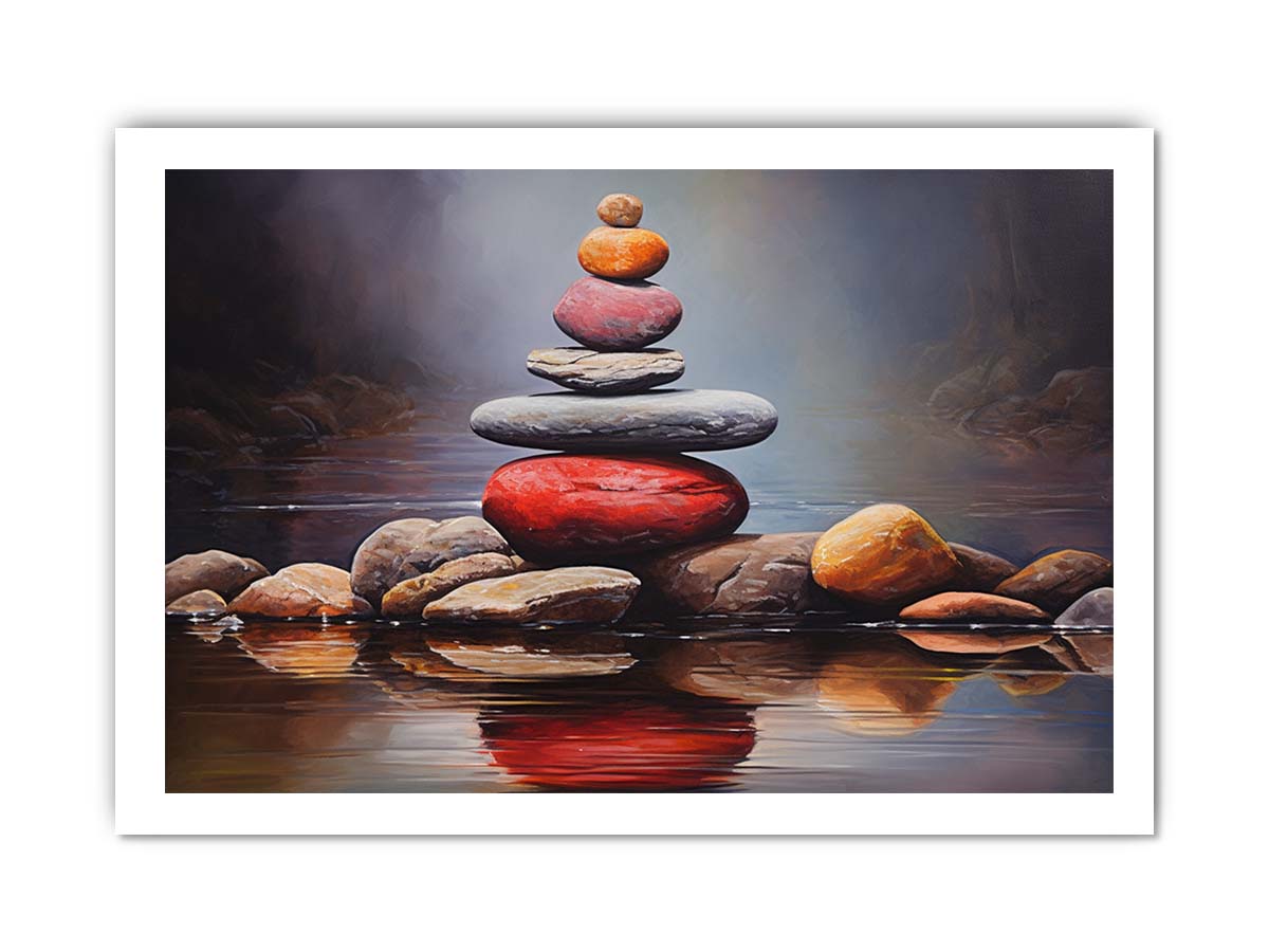 Quiet Stone Reflection moody stacked stones by still water for modern home decor.