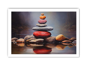 Quiet Stone Reflection moody stacked stones by still water for modern home decor.