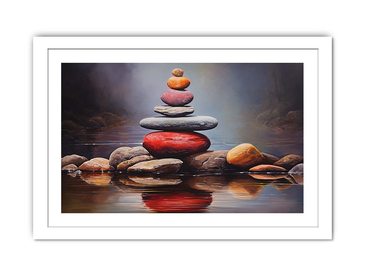 Quiet Stone Reflection moody stacked stones by still water for modern home decor.
