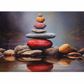 Quiet Stone Reflection moody stacked stones by still water for modern home decor.