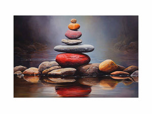 Quiet Stone Reflection moody stacked stones by still water for modern home decor.