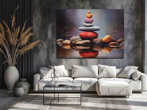 Quiet Stone Reflection moody stacked stones by still water for modern home decor.
