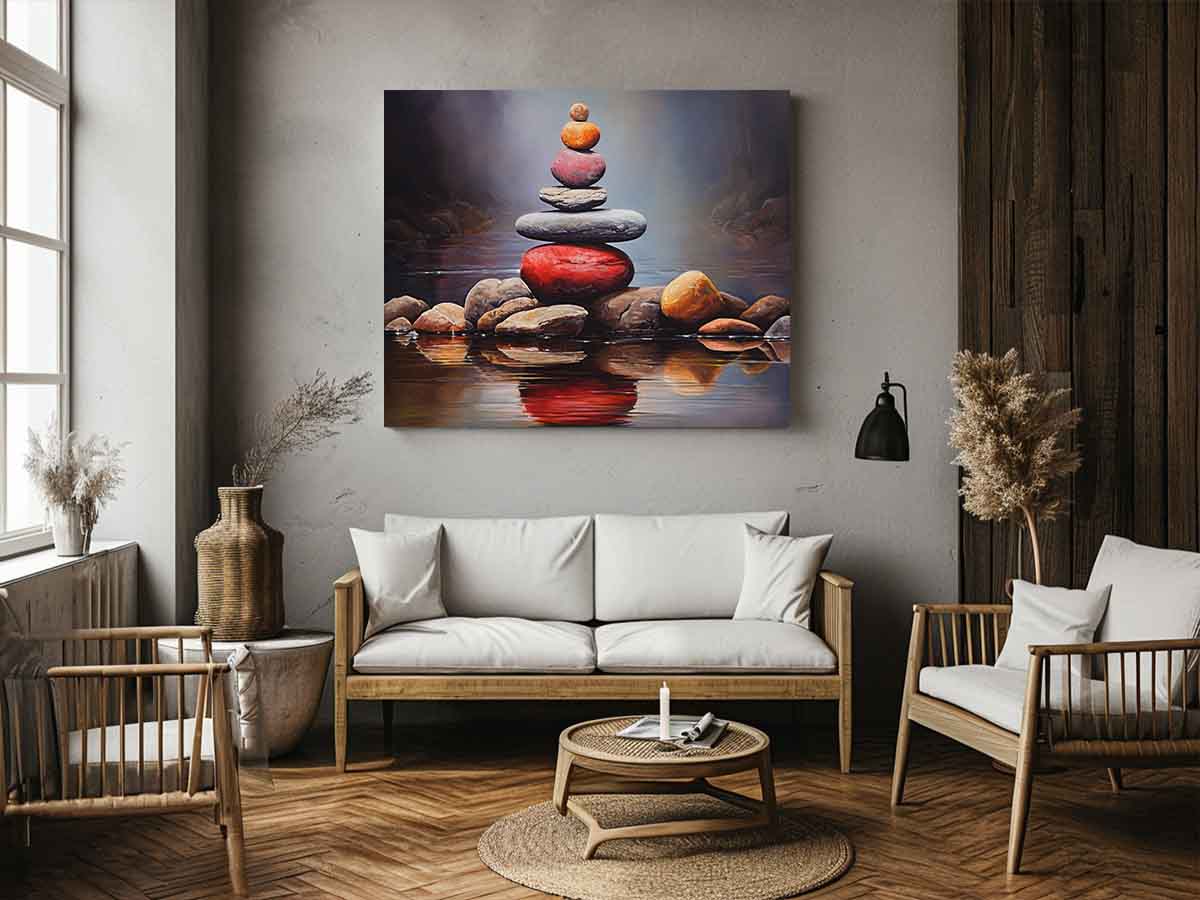 Quiet Stone Reflection moody stacked stones by still water for modern home decor.