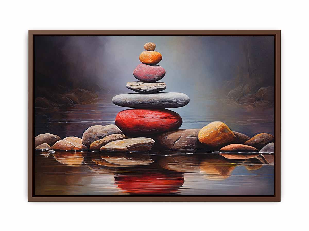 Quiet Stone Reflection moody stacked stones by still water for modern home decor.
