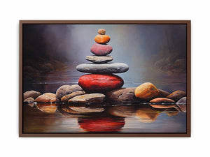 Quiet Stone Reflection moody stacked stones by still water for modern home decor.