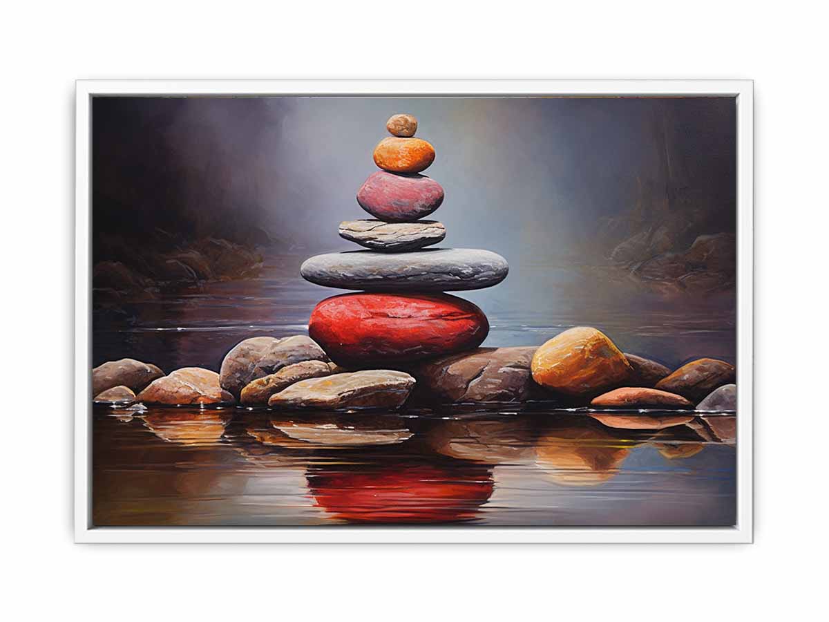 Quiet Stone Reflection moody stacked stones by still water for modern home decor.