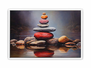 Quiet Stone Reflection moody stacked stones by still water for modern home decor.