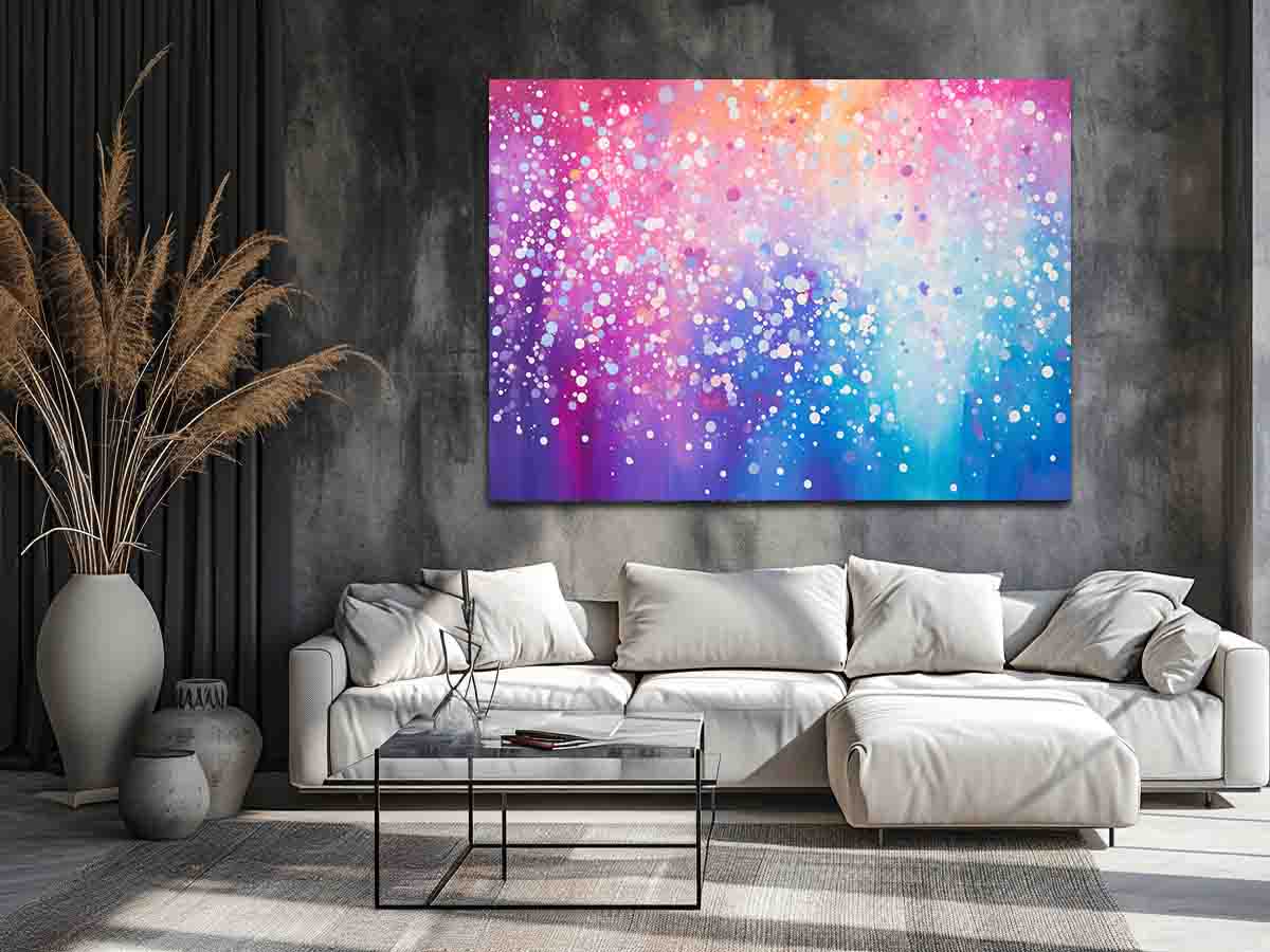 Colorful abstract sparkle canvas art for cheerful modern living room decor.