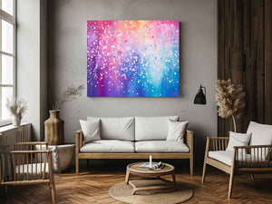 Colorful abstract sparkle canvas art for cheerful modern living room decor.