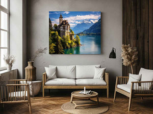 Swiss castle lake landscape canvas print for elegant office or living room decor.