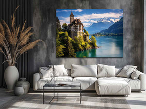 Swiss castle lake landscape canvas print for elegant office or living room decor.