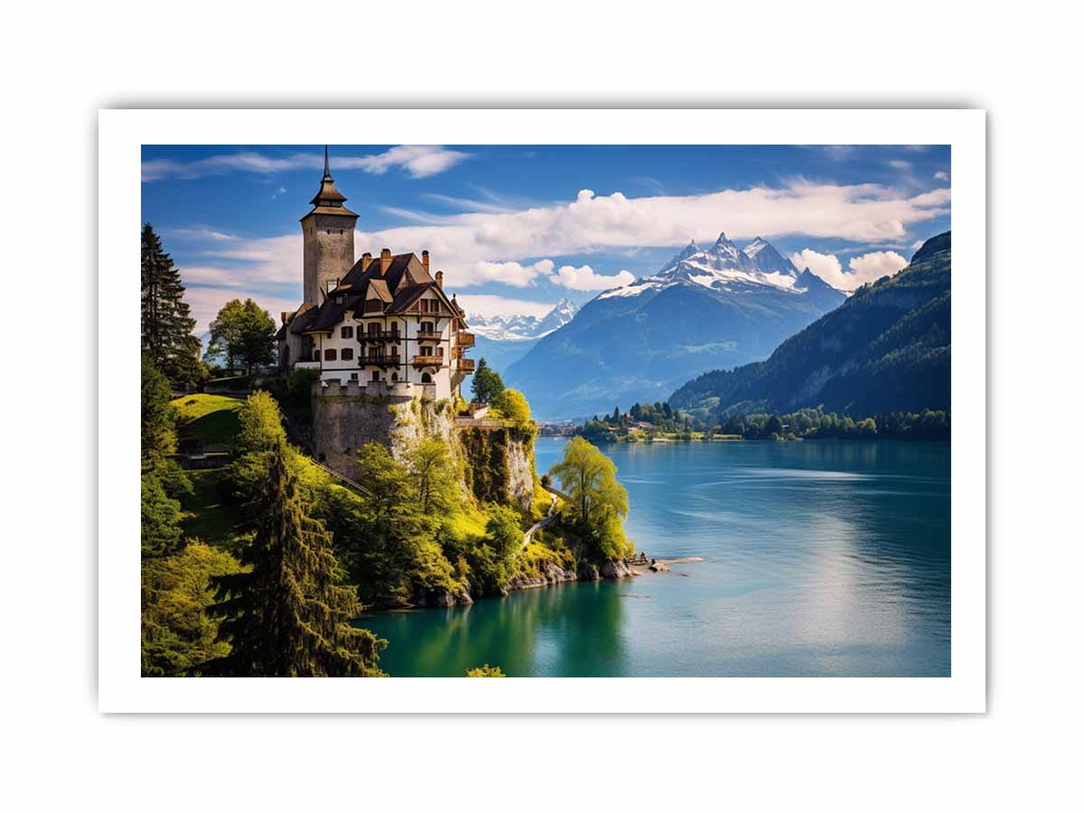 Swiss castle lake landscape canvas print for elegant office or living room decor.