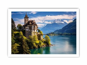 Swiss castle lake landscape canvas print for elegant office or living room decor.