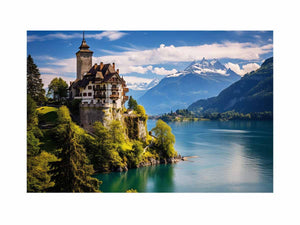 Swiss castle lake landscape canvas print for elegant office or living room decor.