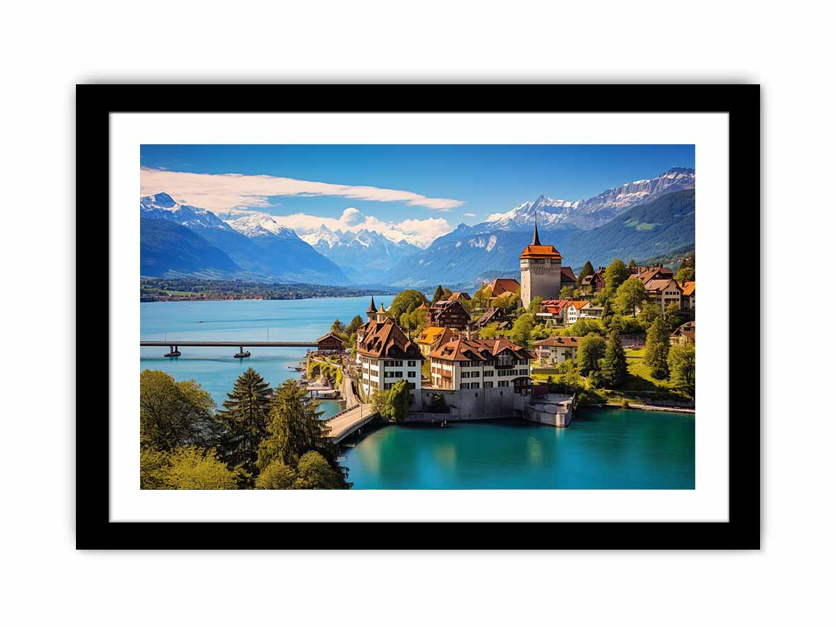 Swiss lakeside village canvas art with mountains for modern living room decor.