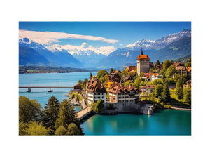 Swiss lakeside village canvas art with mountains for modern living room decor.