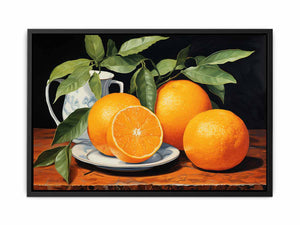 Orange still life canvas art with fruit and leaves for elegant kitchen decor.