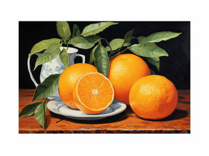 Orange still life canvas art with fruit and leaves for elegant kitchen decor.
