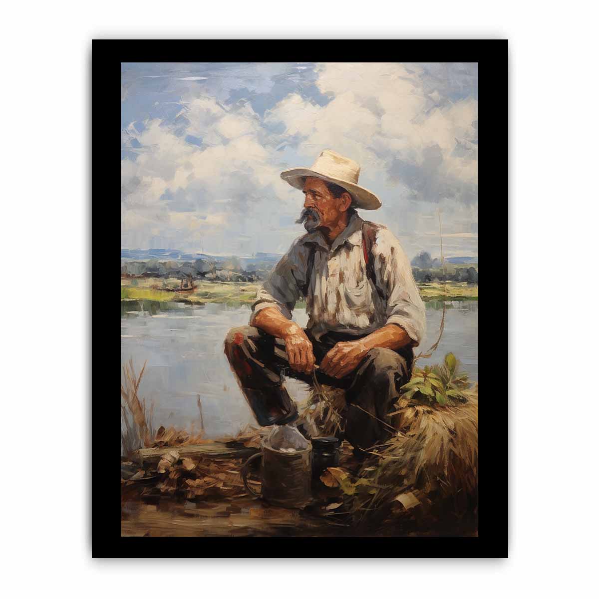 Rustic fisherman canvas painting for calm farmhouse office or living room decor.