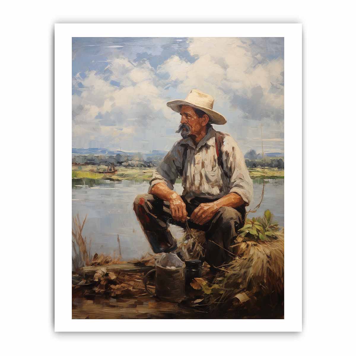 Rustic fisherman canvas painting for calm farmhouse office or living room decor.