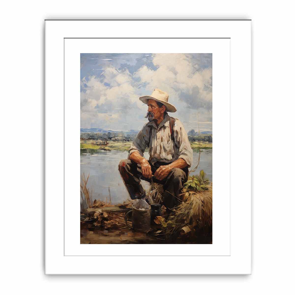 Rustic fisherman canvas painting for calm farmhouse office or living room decor.