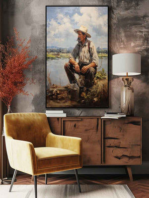Rustic fisherman canvas painting for calm farmhouse office or living room decor.