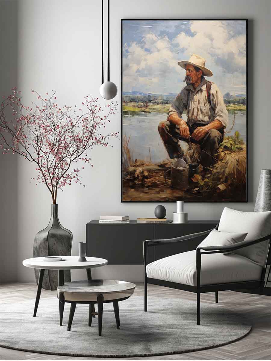 Rustic fisherman canvas painting for calm farmhouse office or living room decor.