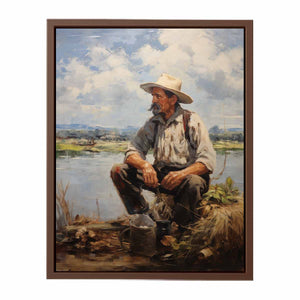 Rustic fisherman canvas painting for calm farmhouse office or living room decor.