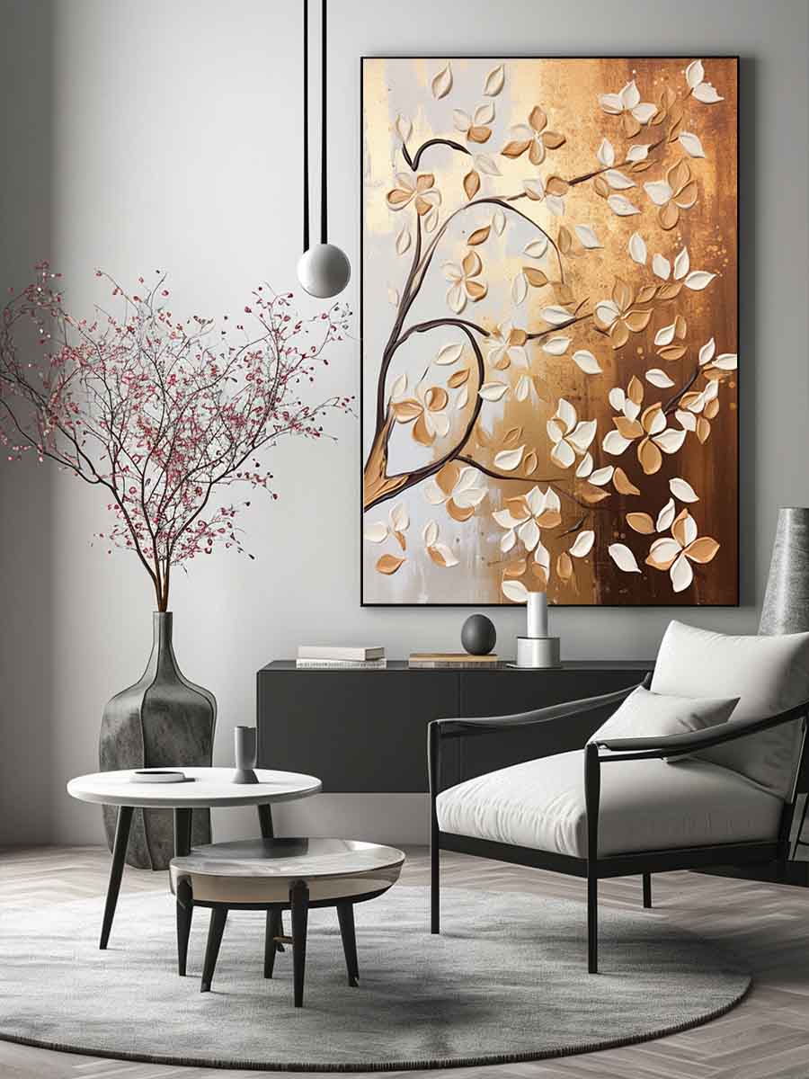 Neutral blossom branch canvas art for elegant bedroom and entryway decor.
