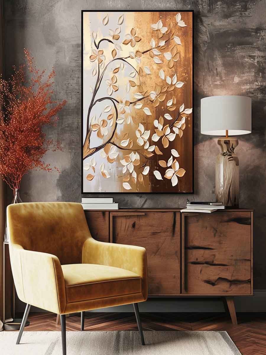 Neutral blossom branch canvas art for elegant bedroom and entryway decor.
