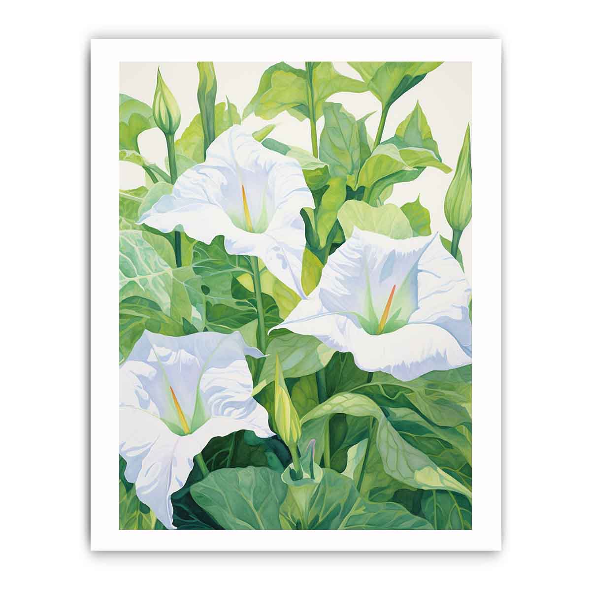 White jimson weed botanical canvas art for serene bedroom or bathroom decor.