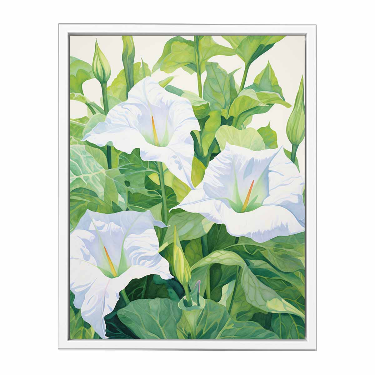 White jimson weed botanical canvas art for serene bedroom or bathroom decor.