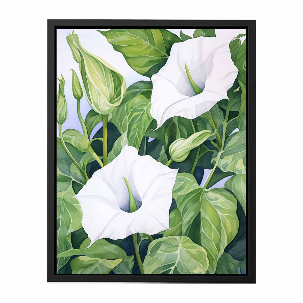 White trumpet flower botanical canvas artwork for calm green bedroom decor.