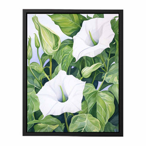 White trumpet flower botanical canvas artwork for calm green bedroom decor.
