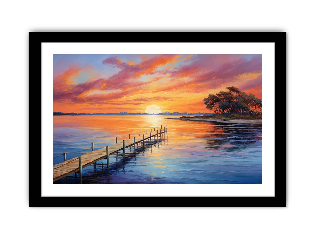Sunset jetty canvas painting for warm coastal living room decor.