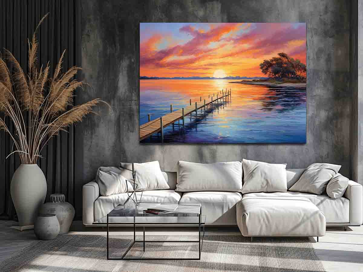 Sunset jetty canvas painting for warm coastal living room decor.