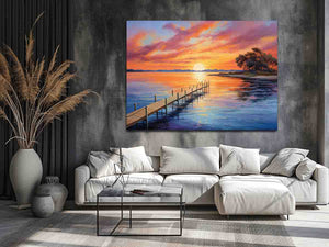 Sunset jetty canvas painting for warm coastal living room decor.
