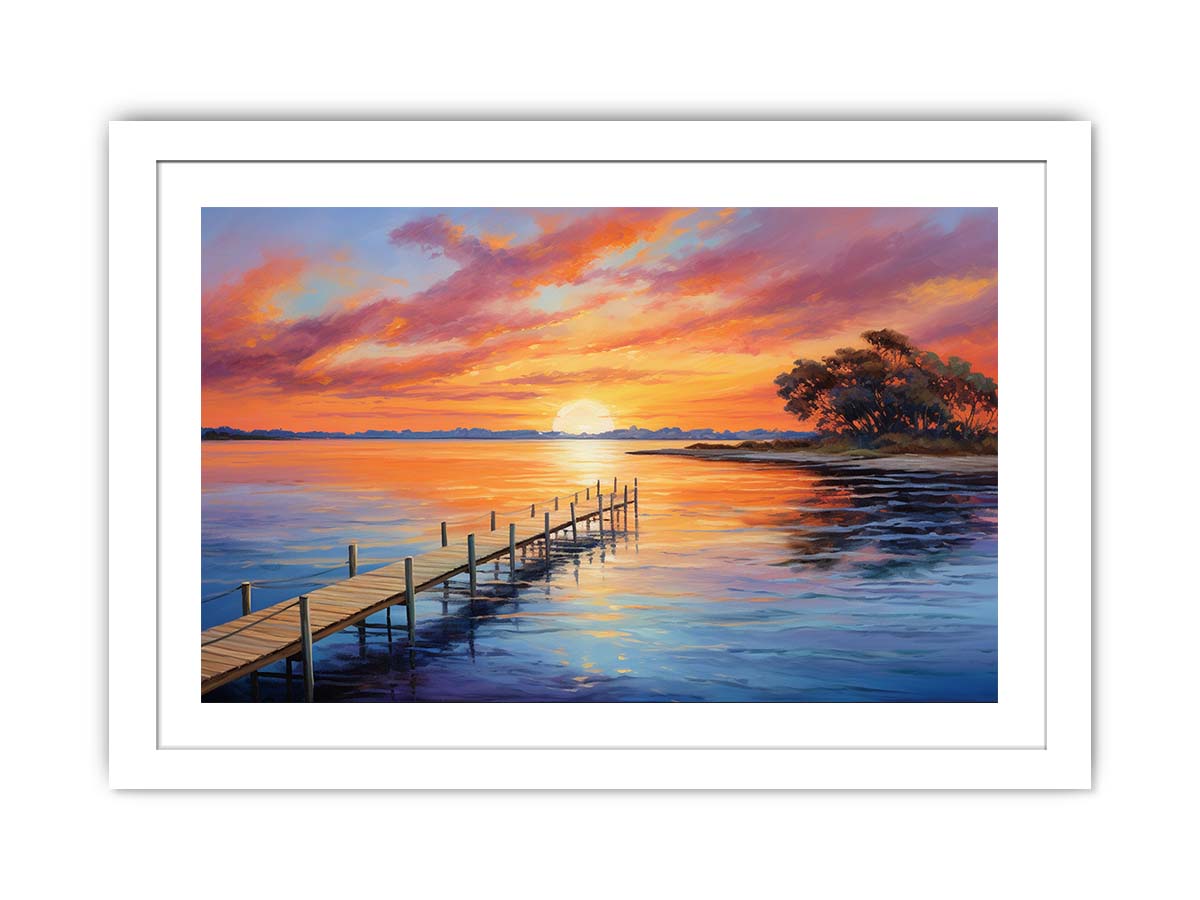 Sunset jetty canvas painting for warm coastal living room decor.