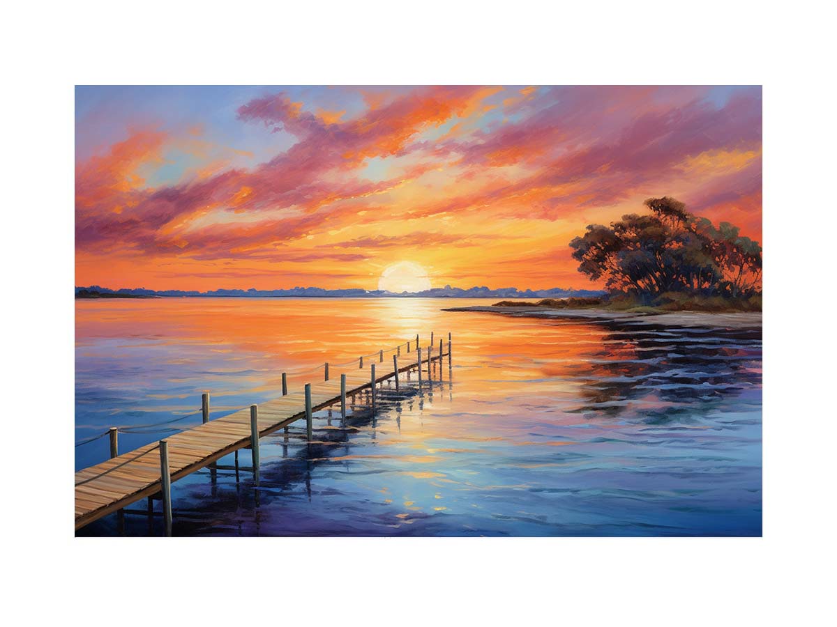 Sunset jetty canvas painting for warm coastal living room decor.