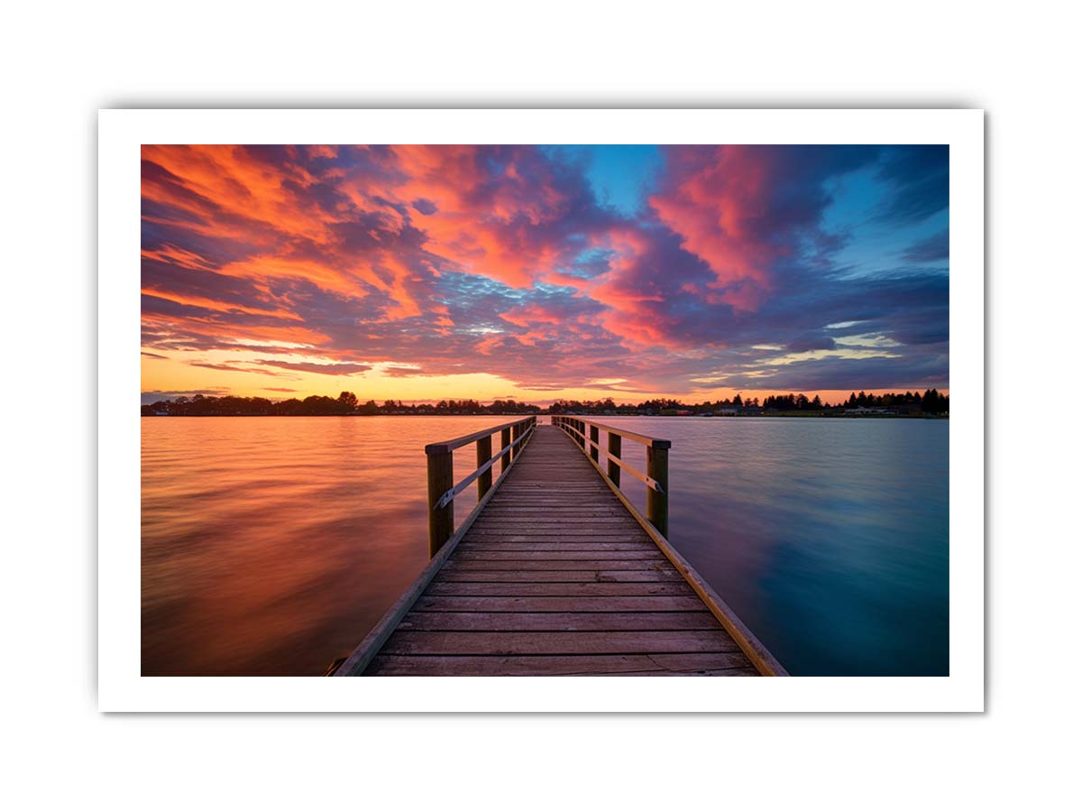 Dramatic sunset pier canvas art for coastal living room and bedroom decor.