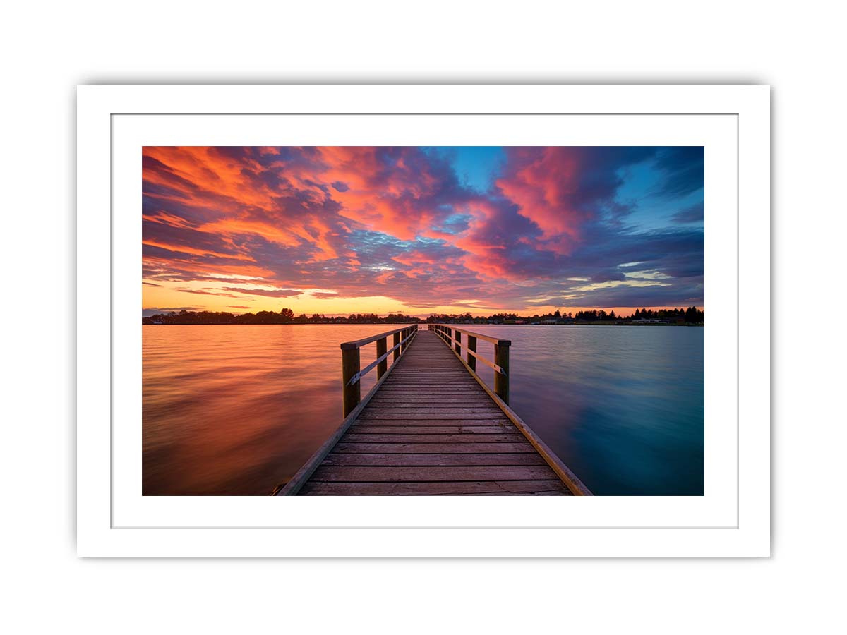 Dramatic sunset pier canvas art for coastal living room and bedroom decor.