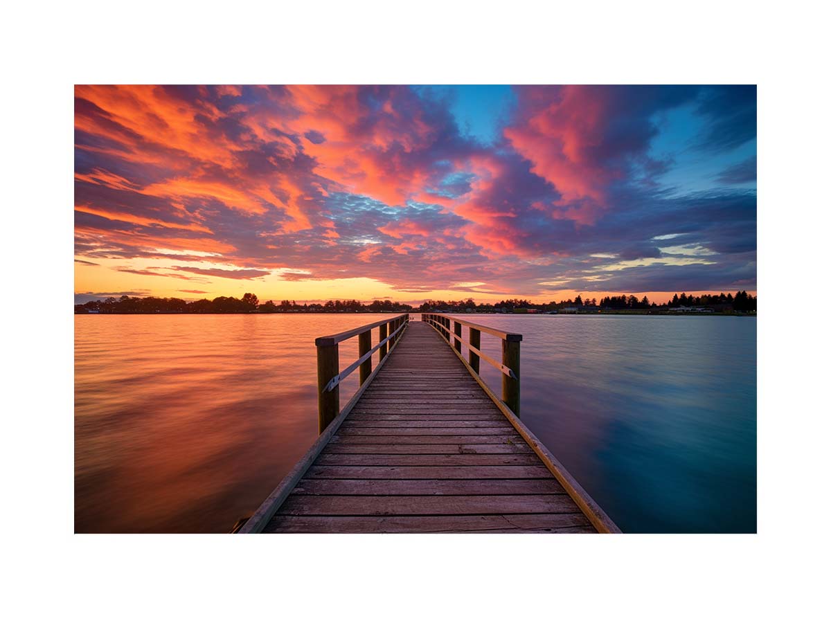 Dramatic sunset pier canvas art for coastal living room and bedroom decor.