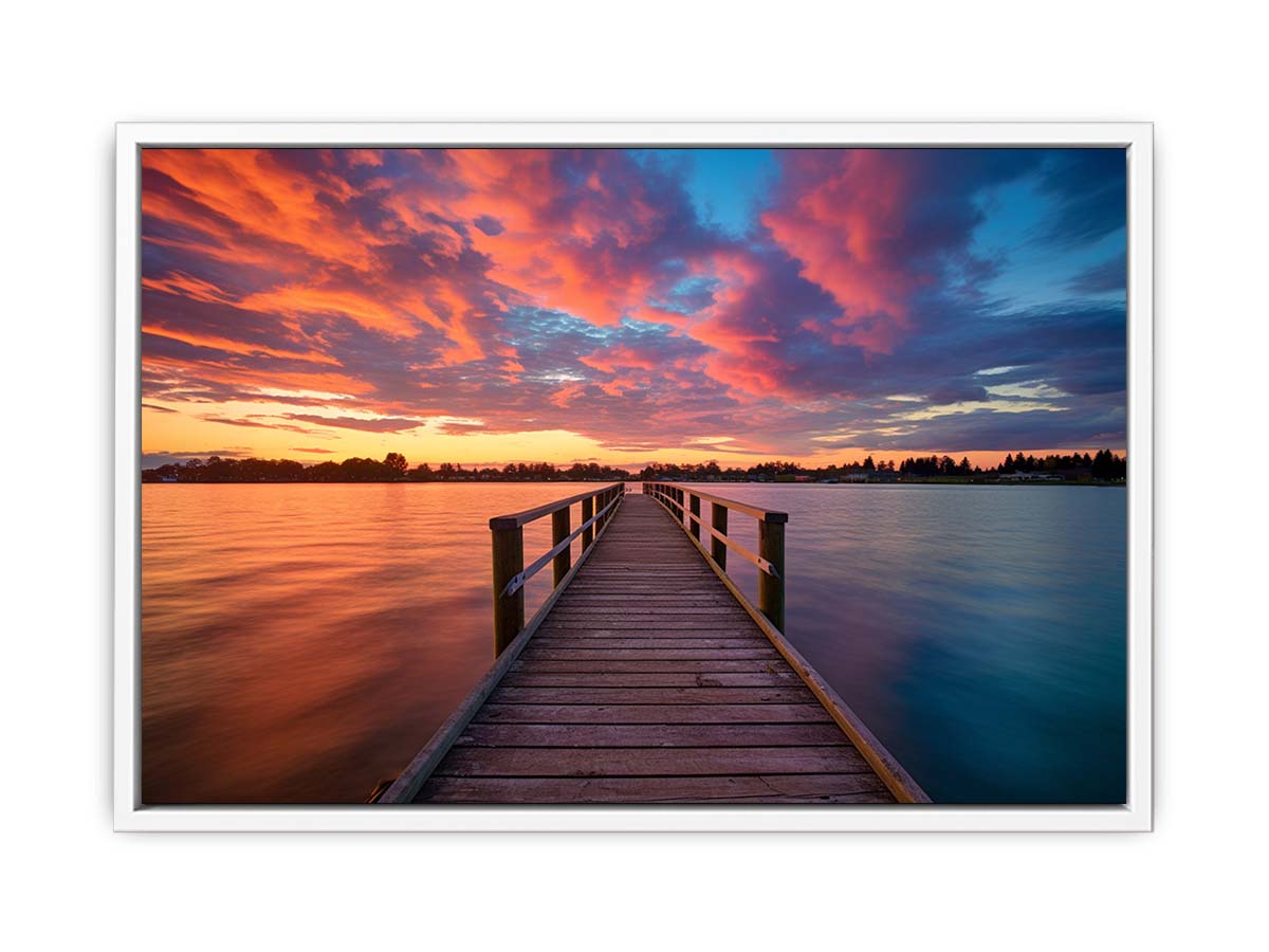Dramatic sunset pier canvas art for coastal living room and bedroom decor.