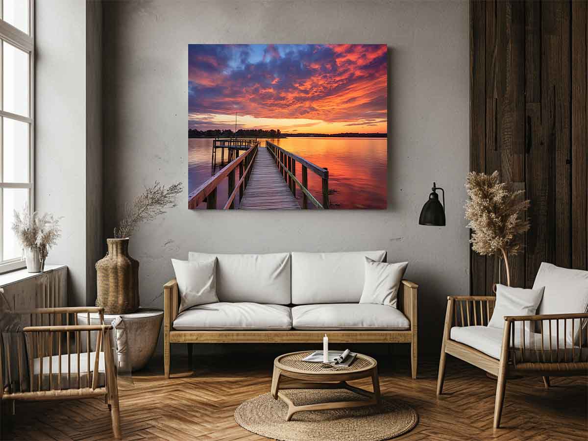 Sunset jetty canvas print with glowing water for modern living room decor.