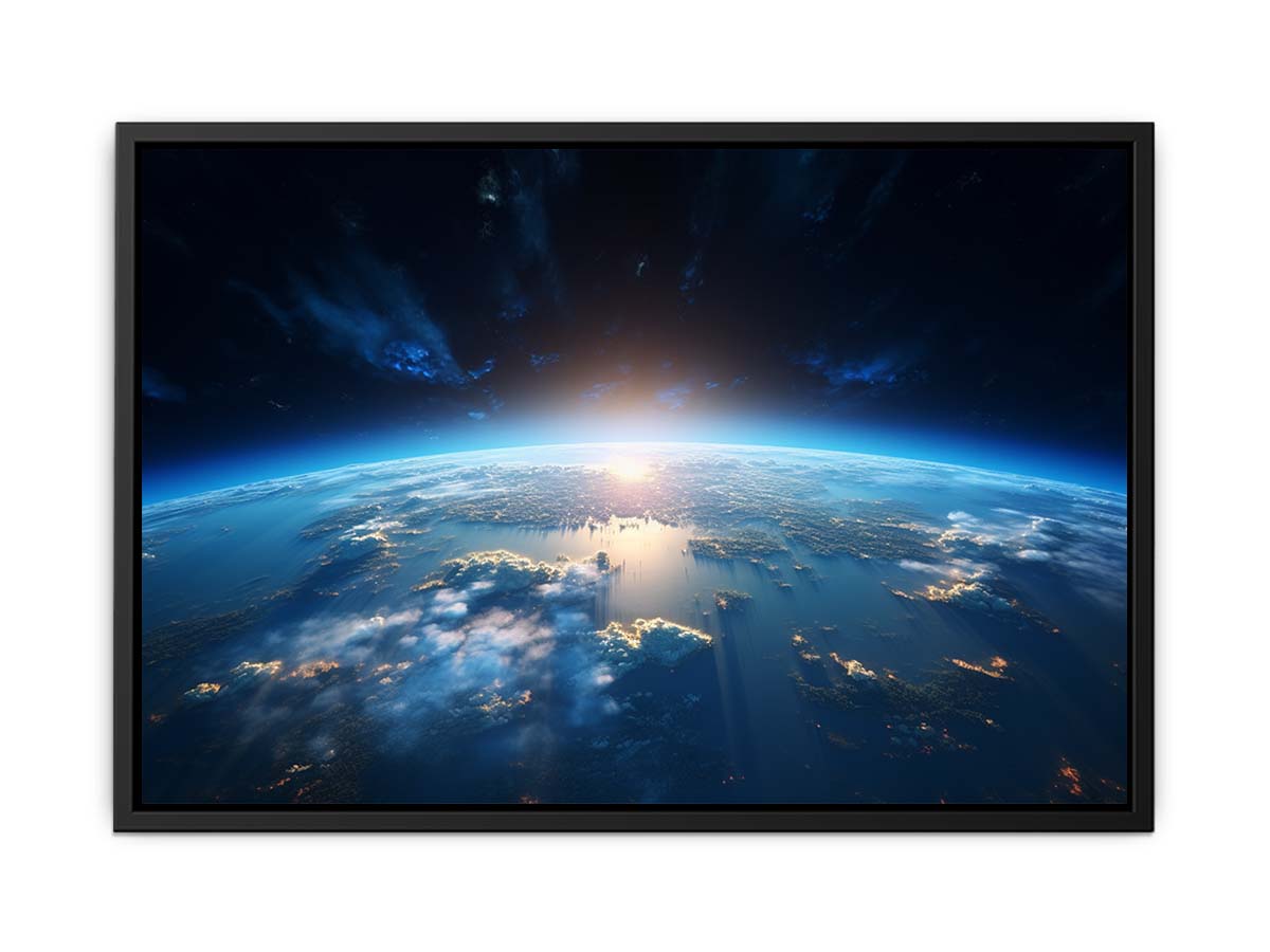 Earth from space canvas art with blue horizon for modern office decor.