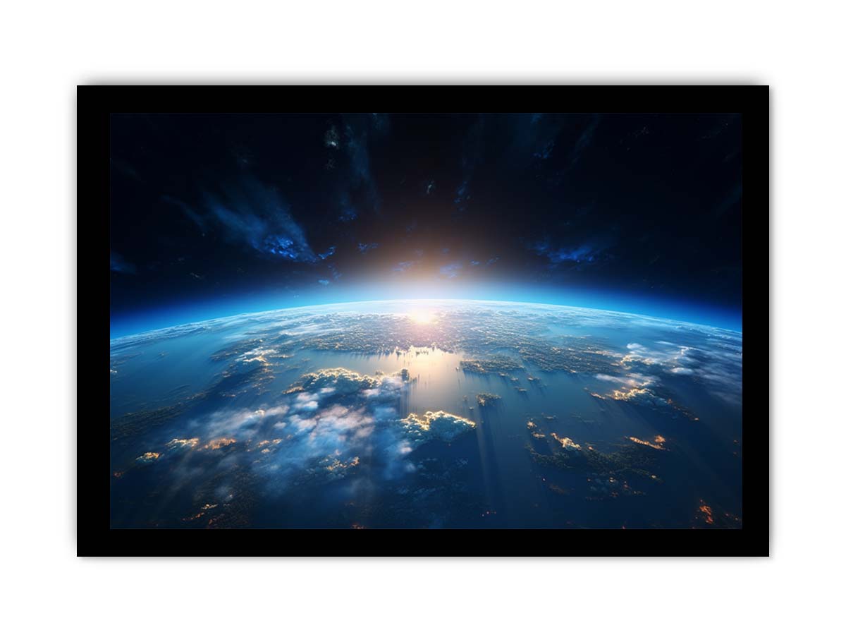 Earth from space canvas art with blue horizon for modern office decor.