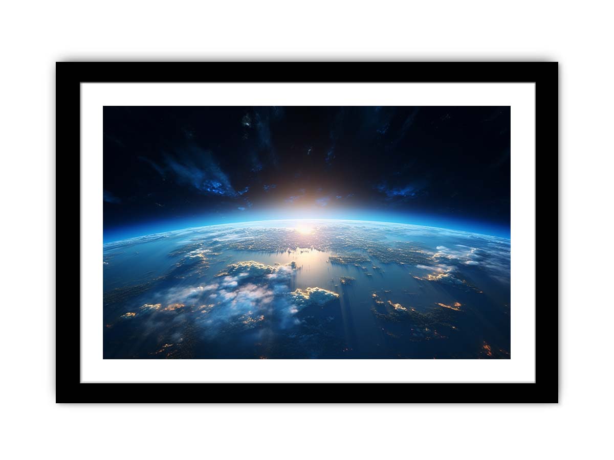 Earth from space canvas art with blue horizon for modern office decor.