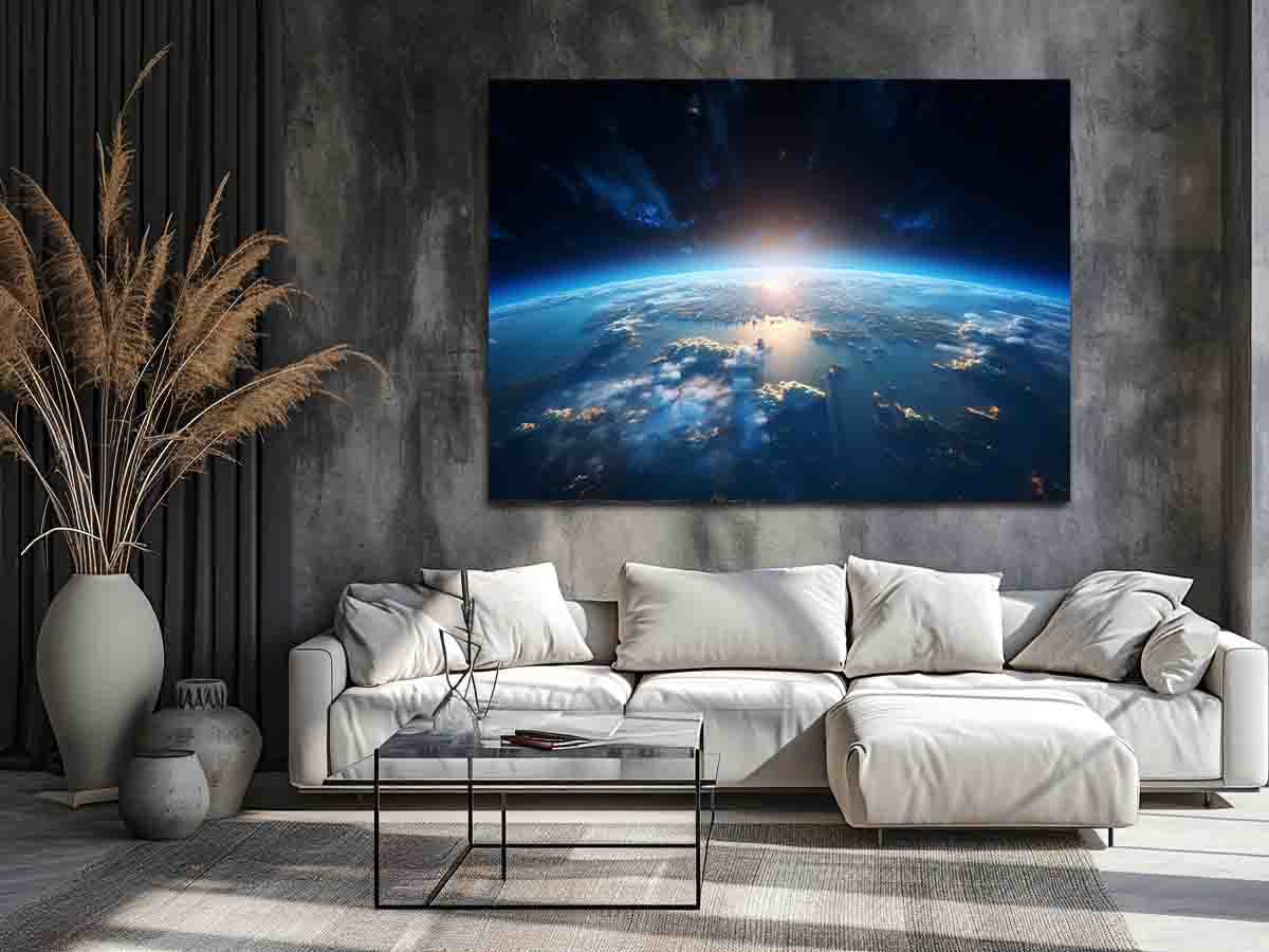 Earth from space canvas art with blue horizon for modern office decor.