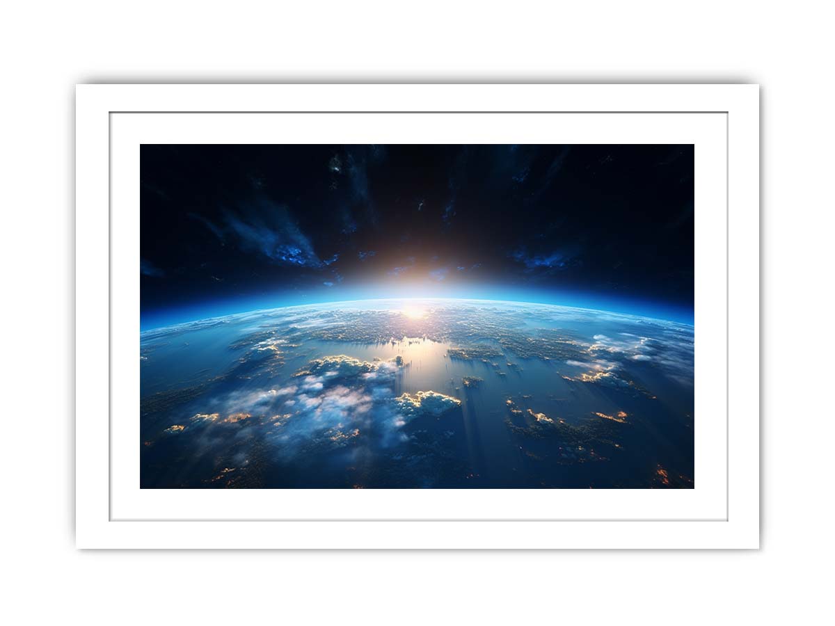 Earth from space canvas art with blue horizon for modern office decor.