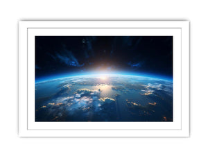 Earth from space canvas art with blue horizon for modern office decor.